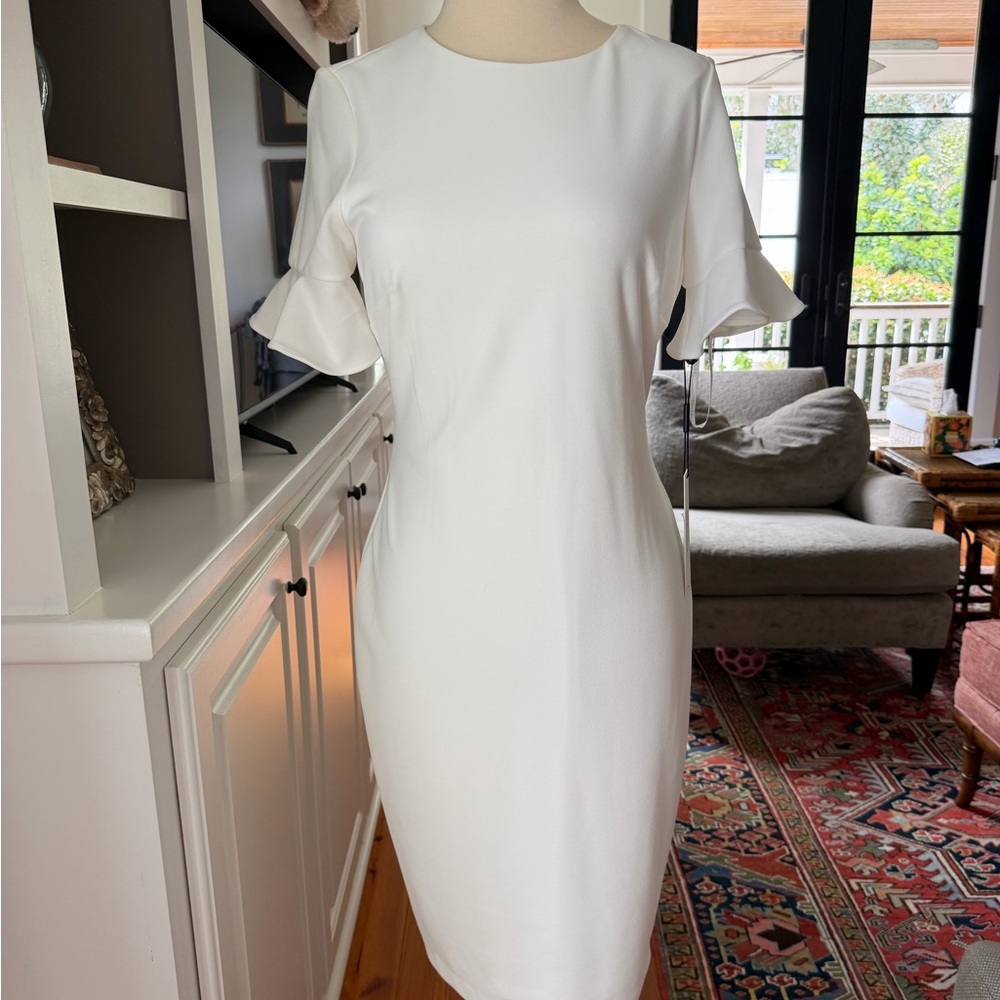 Calvin Klein White Midi Dress with Ruffle Sleeves